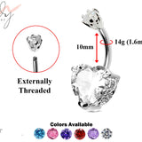 Designer Belly Button Rings- Silver - Heart Design Belly Bars with CZ Crystals - Navel Ring - 14g (1.6mm) Length is 10mm