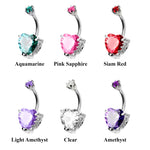 Designer Belly Button Rings- Silver - Heart Design Belly Bars with CZ Crystals - Navel Ring - 14g (1.6mm) Length is 10mm