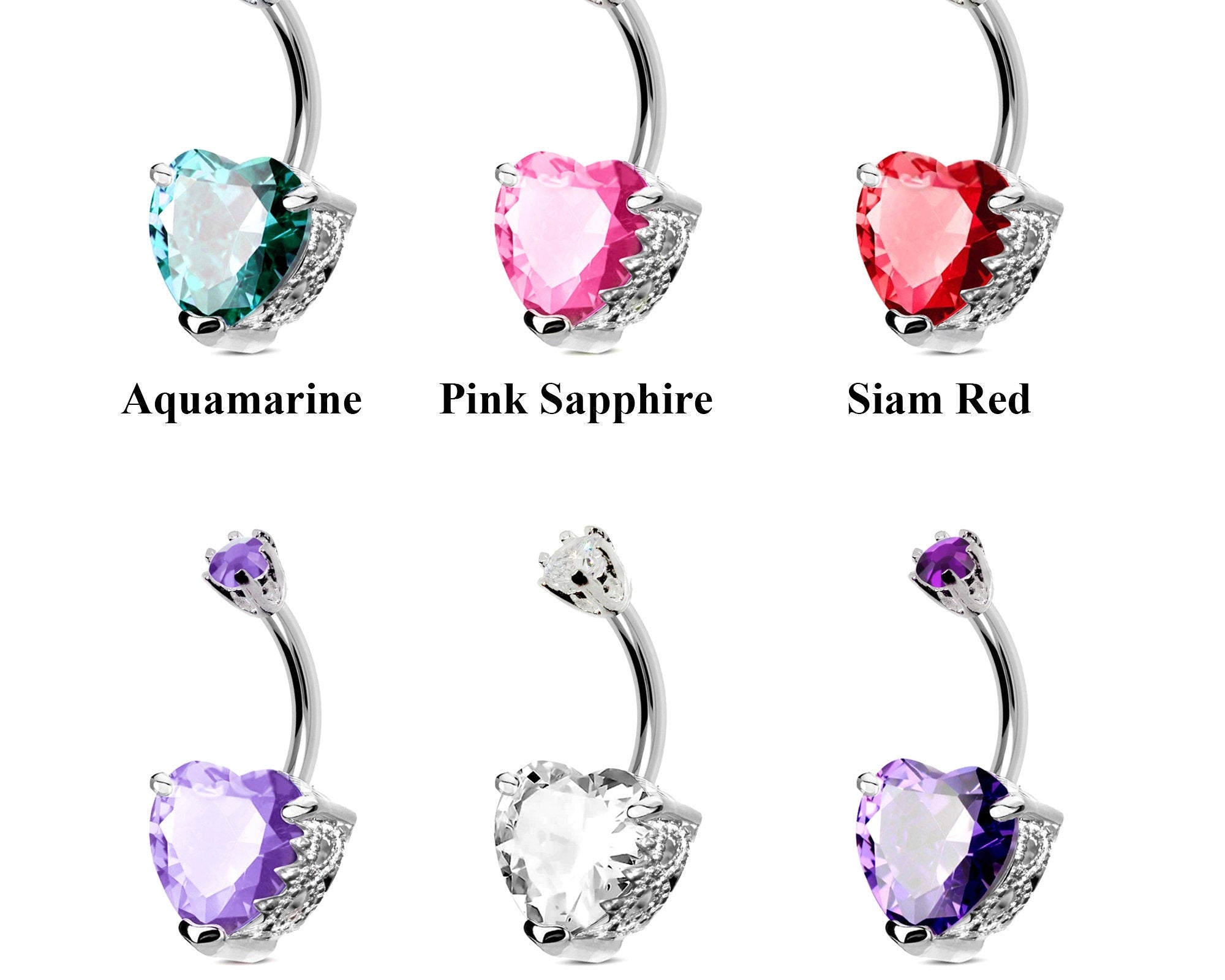 Designer Belly Button Rings- Silver - Heart Design Belly Bars with CZ Crystals - Navel Ring - 14g (1.6mm) Length is 10mm