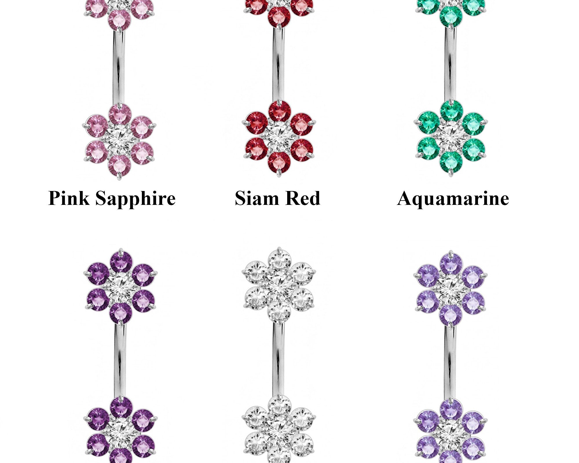 Designer Belly Rings - Silver Double Flower Navel Ring, Belly Bar, Belly Piercing with CZ Crystals - Belly Button - 14g (1.6mm)