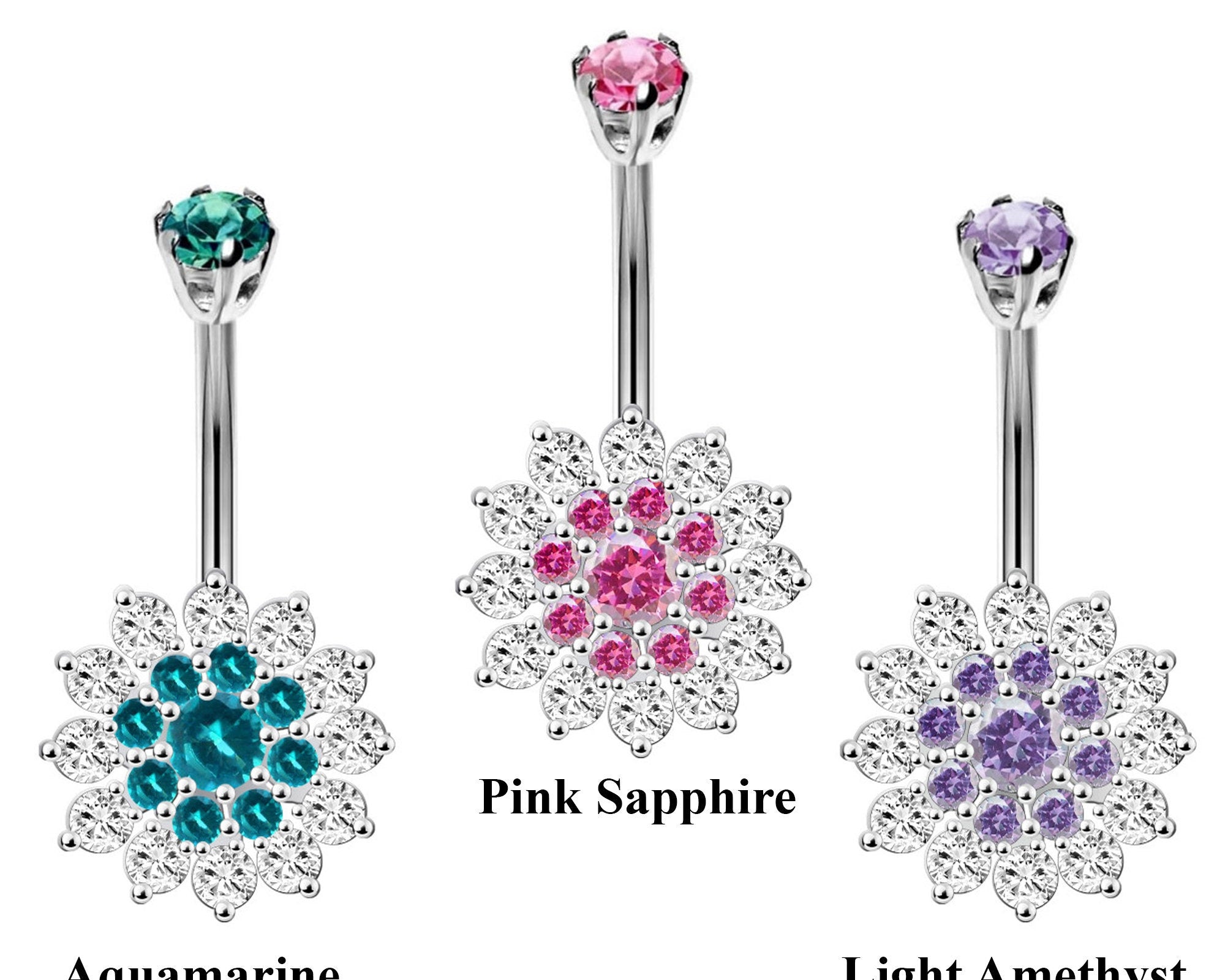 Designer Belly Button Rings- Silver - Sun Flower Design Belly Bars with CZ Crystals - Navel Ring - 14g (1.6mm) Length is 10mm