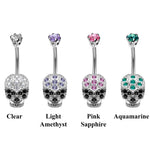 Designer Belly Bars - Silver - Skull Head Design Belly Ring with CZ Crystals - Belly Button Ring - 14g (1.6mm) Length is 10mm