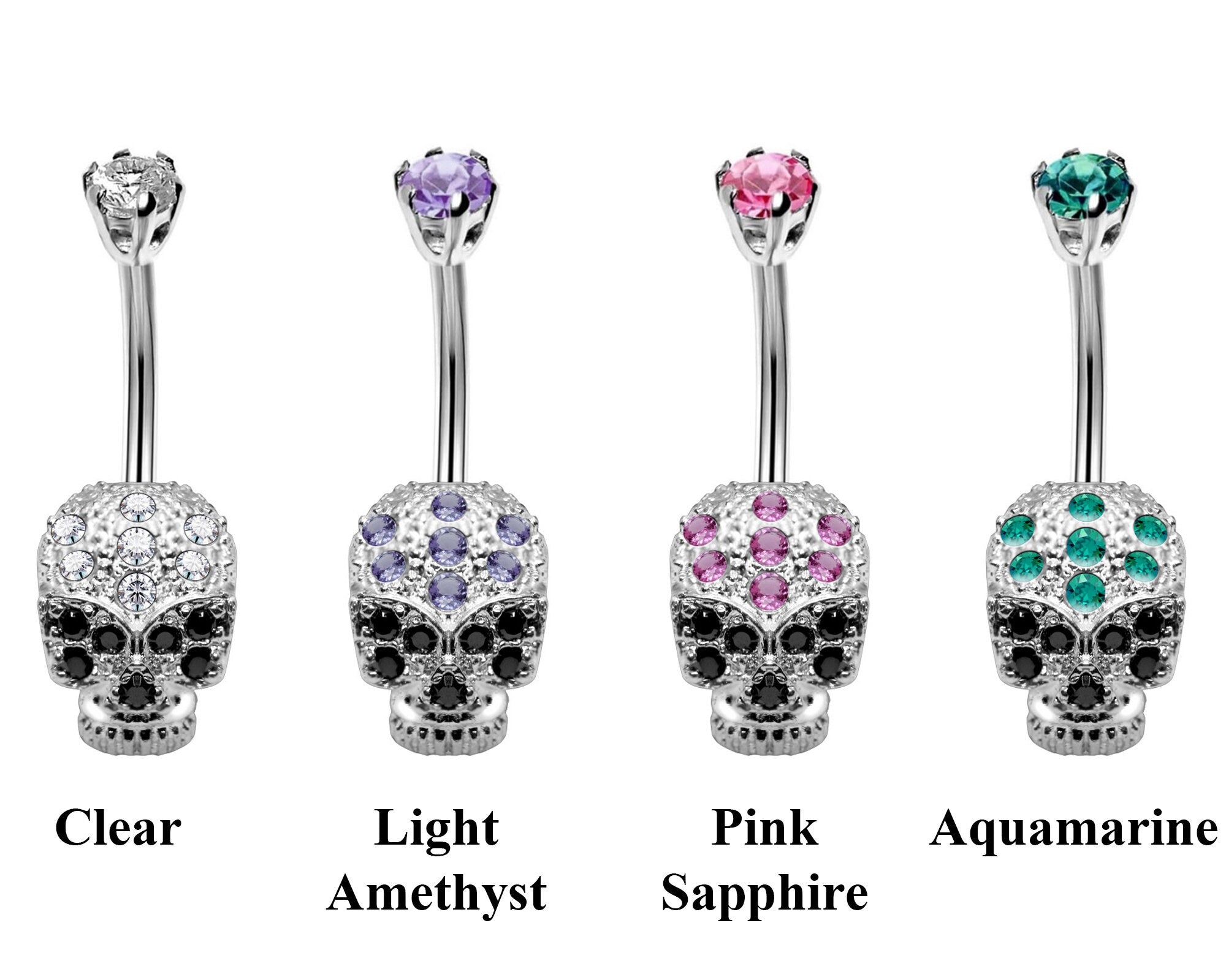 Designer Belly Bars - Silver - Skull Head Design Belly Ring with CZ Crystals - Belly Button Ring - 14g (1.6mm) Length is 10mm