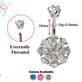 Designer Belly Bars - Silver Flower Navel Ring, Belly Bar, Belly Piercing with CZ Crystals - Navel Ring - 14g (1.6mm) Length is 10mm