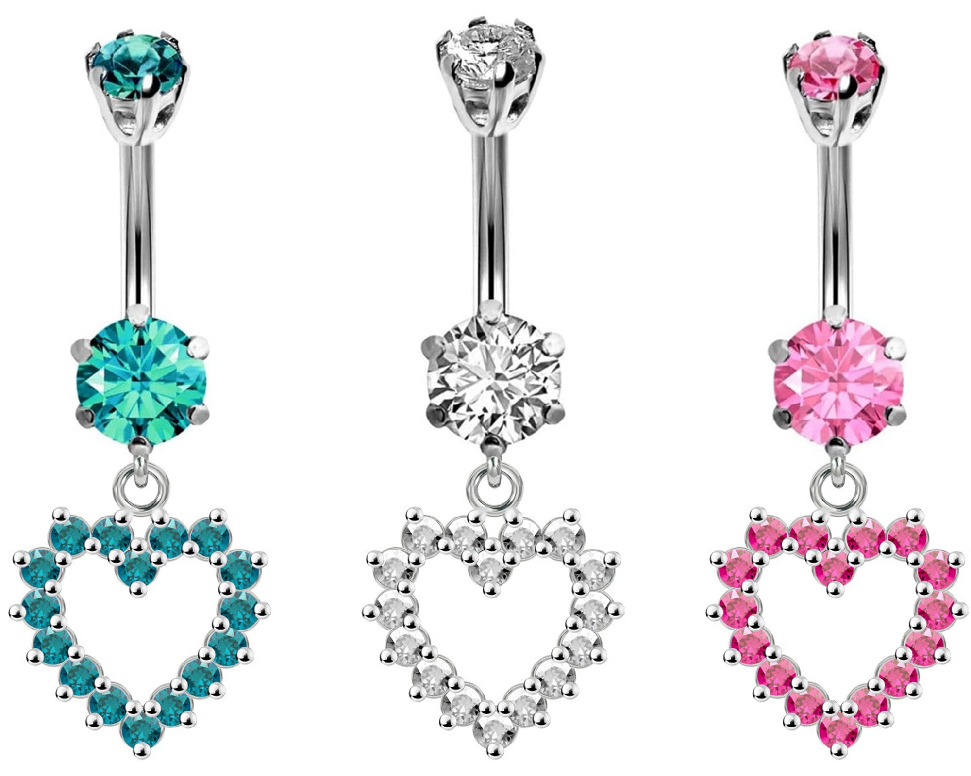 Dangle Heart Design Belly Bars with CZ Crystals Designer Belly Button Rings - Silver - Navel Ring - 14g (1.6mm) Length is 10mm