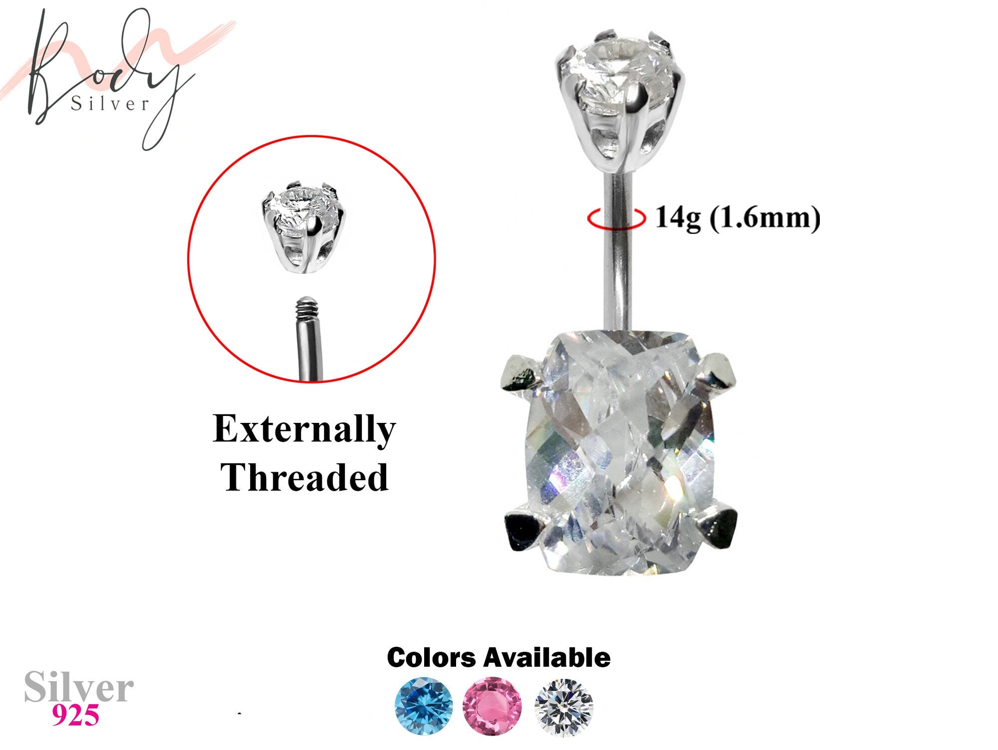 Designer Belly Ring - Silver - Highest Quality CZ Crystal Hans Set & Hand polished - Belly Button - 14g (1.6mm)