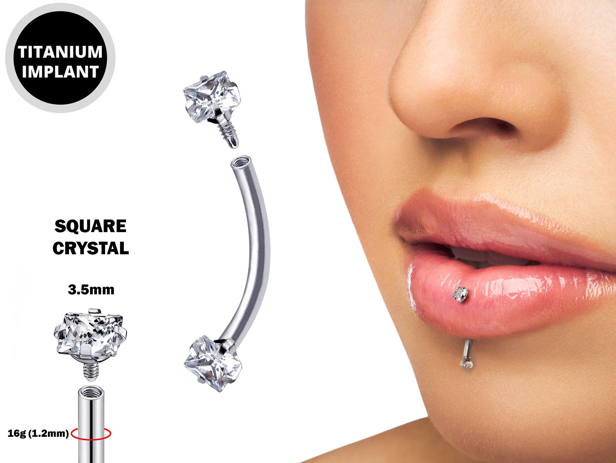 Titanium Vertical Labret Stud Lip Piercings with Prong Set Crystals Internally threaded 16g Curved Bar for Anti- Eyebrow, Rook