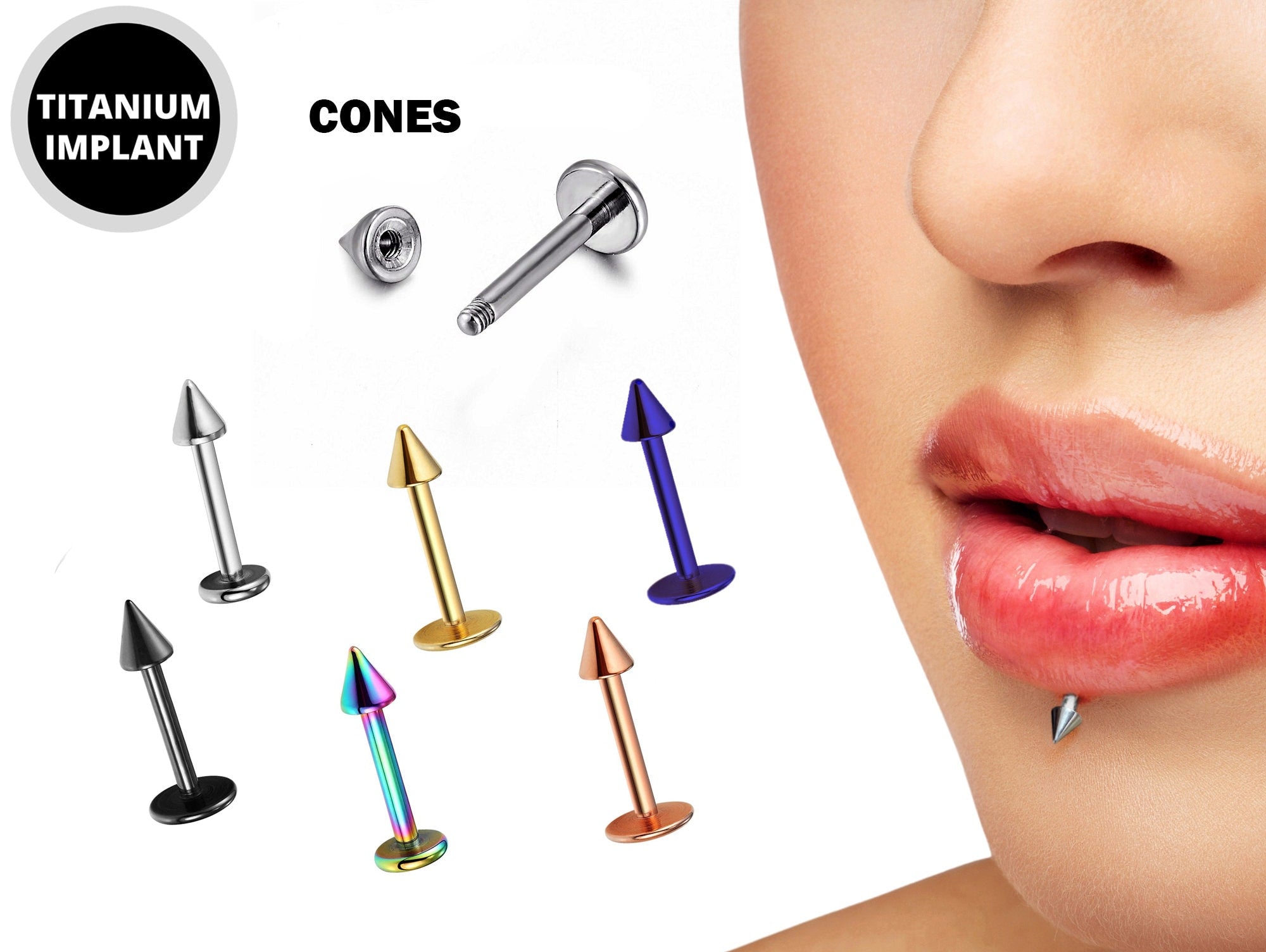 Lip Jewelry Cone/Spike Labret, Lip Piercing stud in 18G 16G 14G - Titanium Implant & Vacuum Plated labret Studs - Body Piercing Monroe