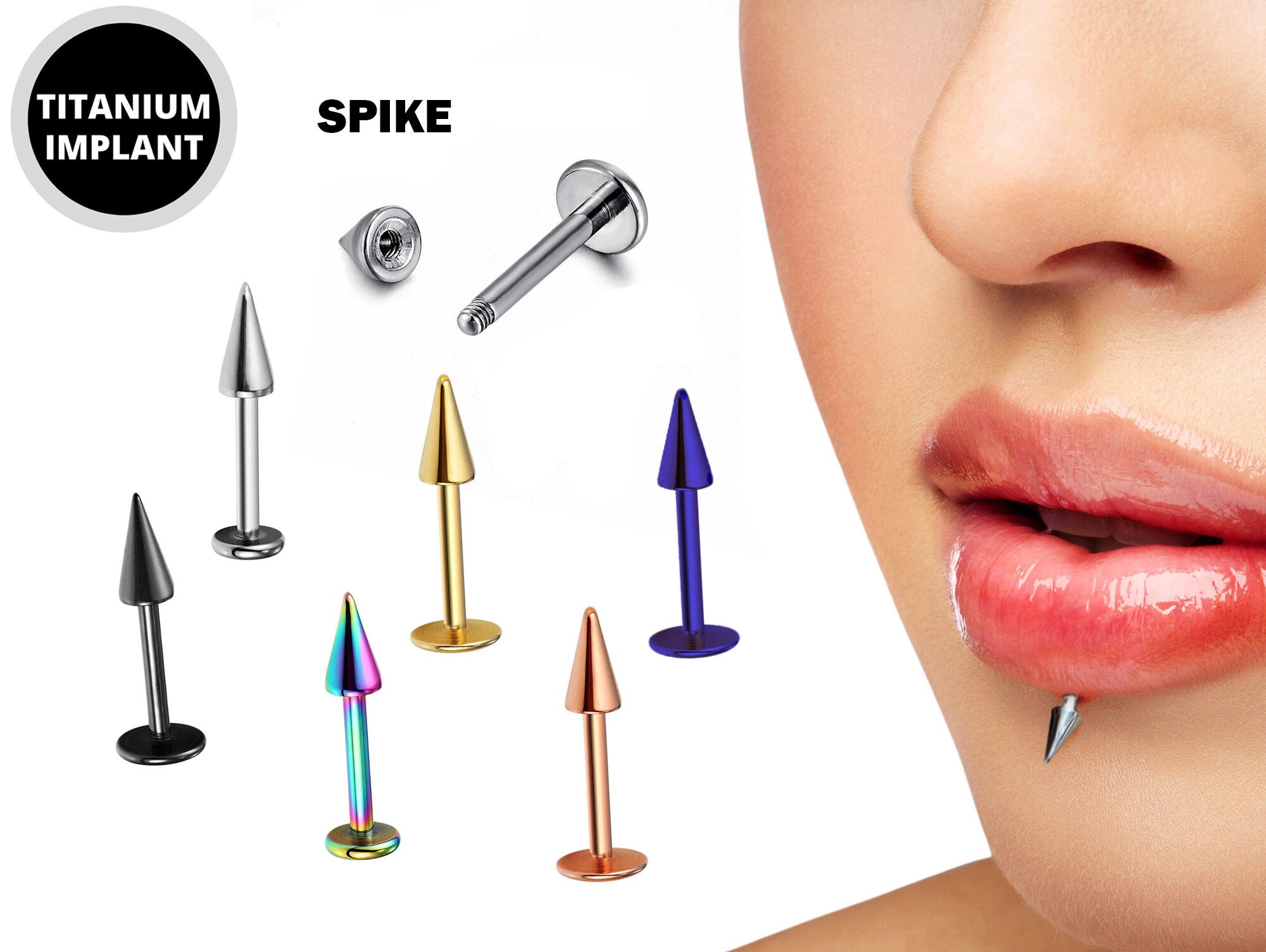 Lip Jewelry Cone/Spike Labret, Lip Piercing stud in 18G 16G 14G - Titanium Implant & Vacuum Plated labret Studs - Body Piercing Monroe