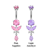 Designer Belly Ring - Silver - Dangle Butterfly with Tear Drop Belly Ring made of CZ Crystals - Navel Ring - 14g (1.6mm) Length is 10mm