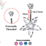 Designer Belly Bars - Silver - Jasmine Flower Center Star Belly Rings with CZ Crystals - Navel Ring - 14g (1.6mm) Length is 10mm