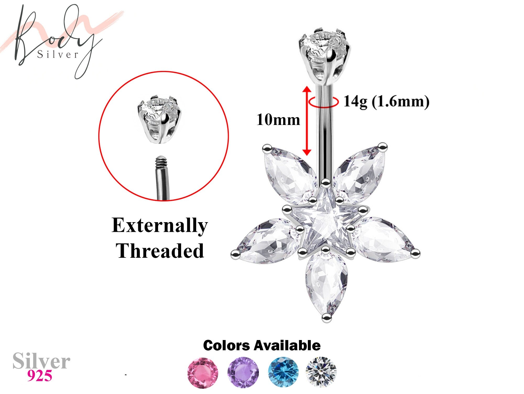 Designer Belly Bars - Silver - Jasmine Flower Center Star Belly Rings with CZ Crystals - Navel Ring - 14g (1.6mm) Length is 10mm