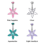 Designer Belly Bars - Silver - Jasmine Flower Center Star Belly Rings with CZ Crystals - Navel Ring - 14g (1.6mm) Length is 10mm