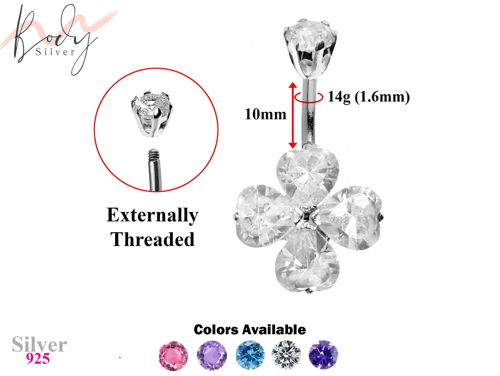 Designer Belly Button Ring - Silver - Clover Leaf Lucky Charm Belly Bars with CZ Crystals - Navel Ring - 14g (1.6mm) Length is 10mm