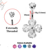 Designer Belly Button Ring - Silver - Clover Leaf Lucky Charm Belly Bars with CZ Crystals - Navel Ring - 14g (1.6mm) Length is 10mm