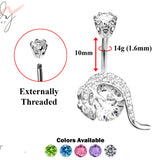 Designer Belly Rings- Silver - Gecko Lizard Design Belly Bars with CZ Crystals - Navel Ring - 14g (1.6mm) Length is 10mm