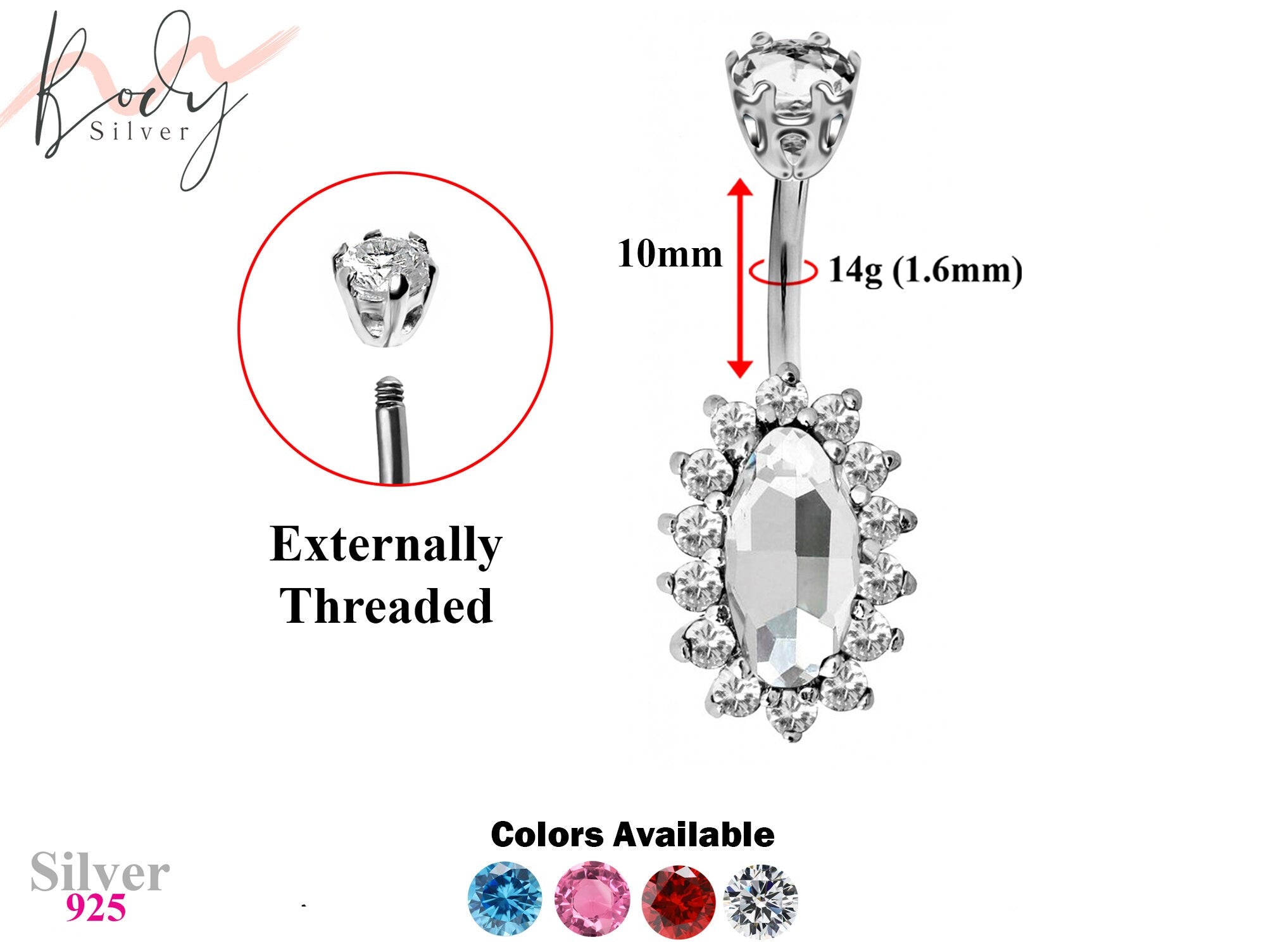 Designer Belly Ring - Silver - Oval Shape Flower Belly Bars with CZ Crystals - Navel Ring - 14g (1.6mm) Length is 10mm