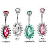 Designer Belly Ring - Silver - Oval Shape Flower Belly Bars with CZ Crystals - Navel Ring - 14g (1.6mm) Length is 10mm