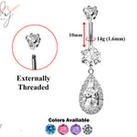 Designer Belly Rings - Silver - Water Drop Dangle Design Belly Bars surrounded with CZ Crystals - Navel Ring - 14g (1.6mm) Length is 10mm