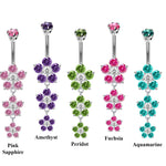 Designer Belly Bars - Silver - 3 Drop Five Petal Flower Design Belly Bars with CZ Crystals - Navel Ring - 14g (1.6mm) Length is 10mm