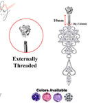 Designer Belly Bars - Silver - Elegant Flower Dangle Design Belly Ring with CZ Crystals - Navel Ring - 14g (1.6mm) Length is 10mm