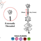 Designer Belly Button Ring - Silver - Dangle Clover Leaf Design Belly Bars with CZ Crystals - Navel Ring - 14g (1.6mm) Length is 10mm