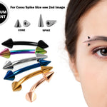 Spike Eyebrow Jewelry Piercing Barbell Coloured Curved Bar - Titanium Cone/Spike 20G 18G 16G 14G - Also for Rook, Lip Piercing, Anti-Eyebrow