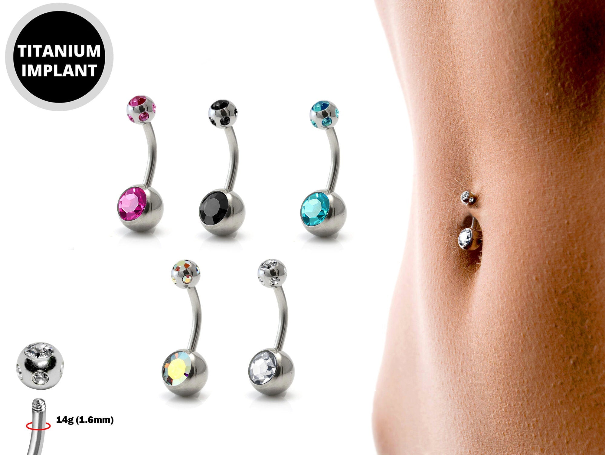 Round Belly Ring, Navel Ring - Titanium 14g with Multi Stone Ball Crystal Body Jewellery - Short and Long Belly Bars, Belly Button Piercing