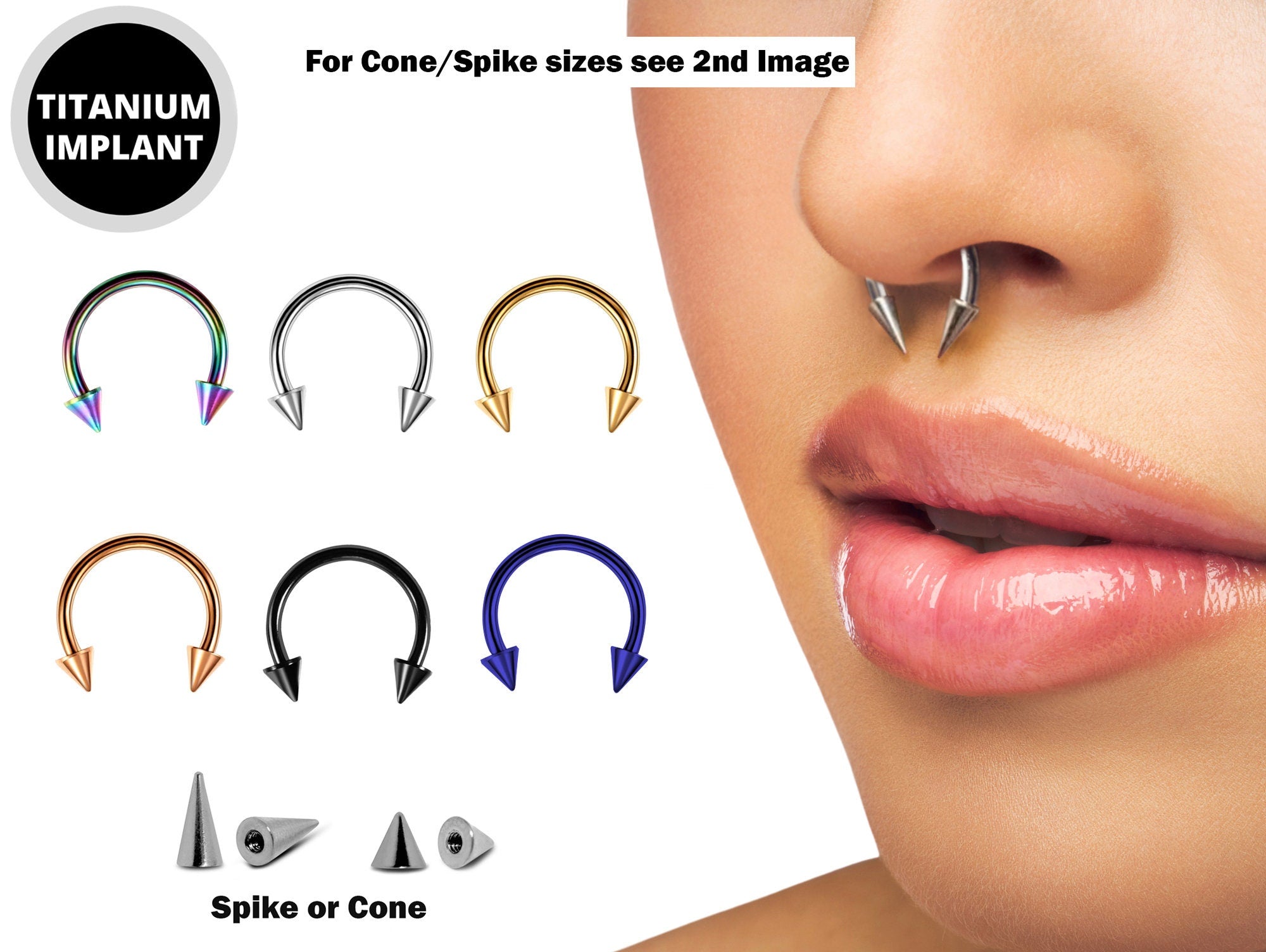 Spike Horseshoe Ring Piercing, Coloured Nose Septum Spike/Cone 18g 16g 14g Titanium Bull Piercing Also for Nipple, PA Ring and Lips