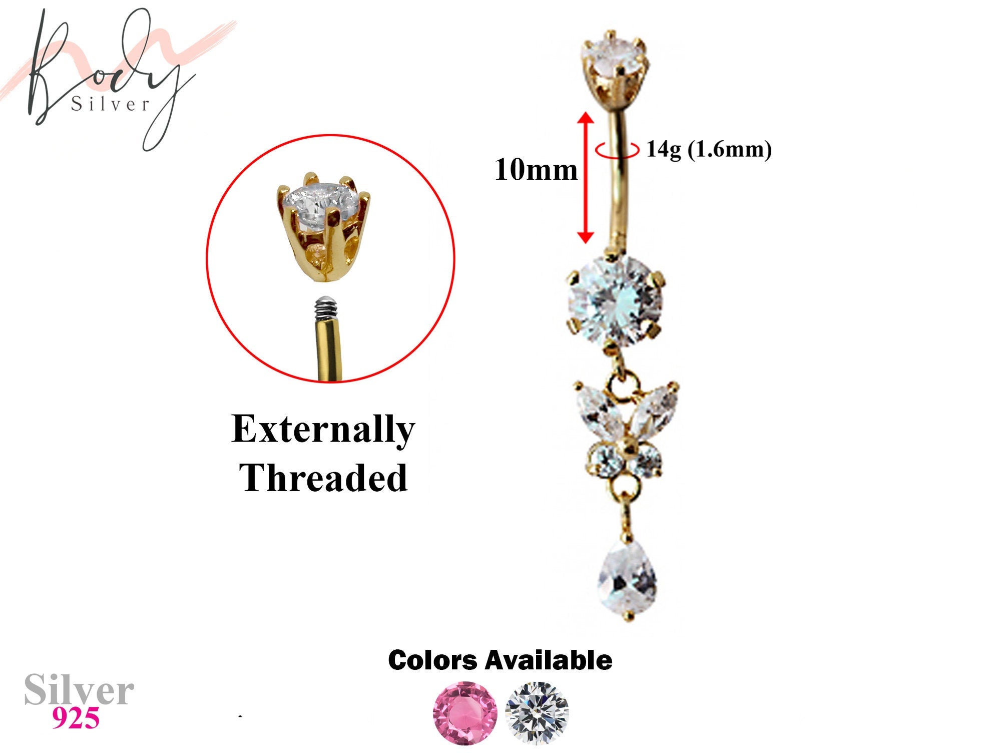 Gold Plated Drop Dangle Butterfly Belly Rings with CZ Crystals - Designer Belly Button Ring - Navel Ring - 14g (1.6mm) Length is 10mm