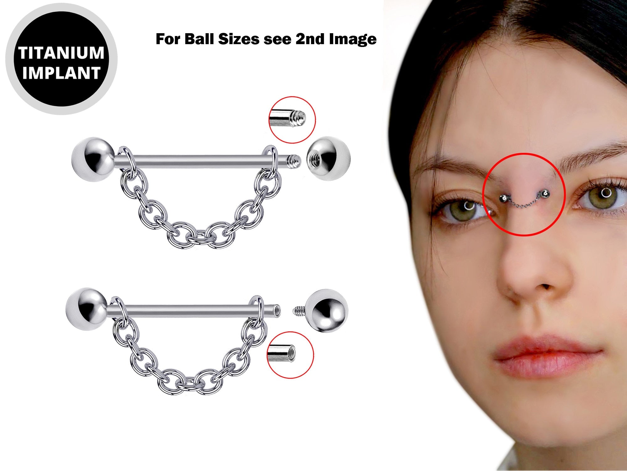 Nose Piercing, Titanium Bridge Barbell Internal / External Threaded with Piercing Chain - Bridge Chain Piercing also for Nipple Jewelry