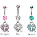 Designer Belly Rings - Silver - Dangle Heart and Key Lock Design Belly Bars surrounded with CZ Crystals - Navel Jewelry - 14g (1.6mm)