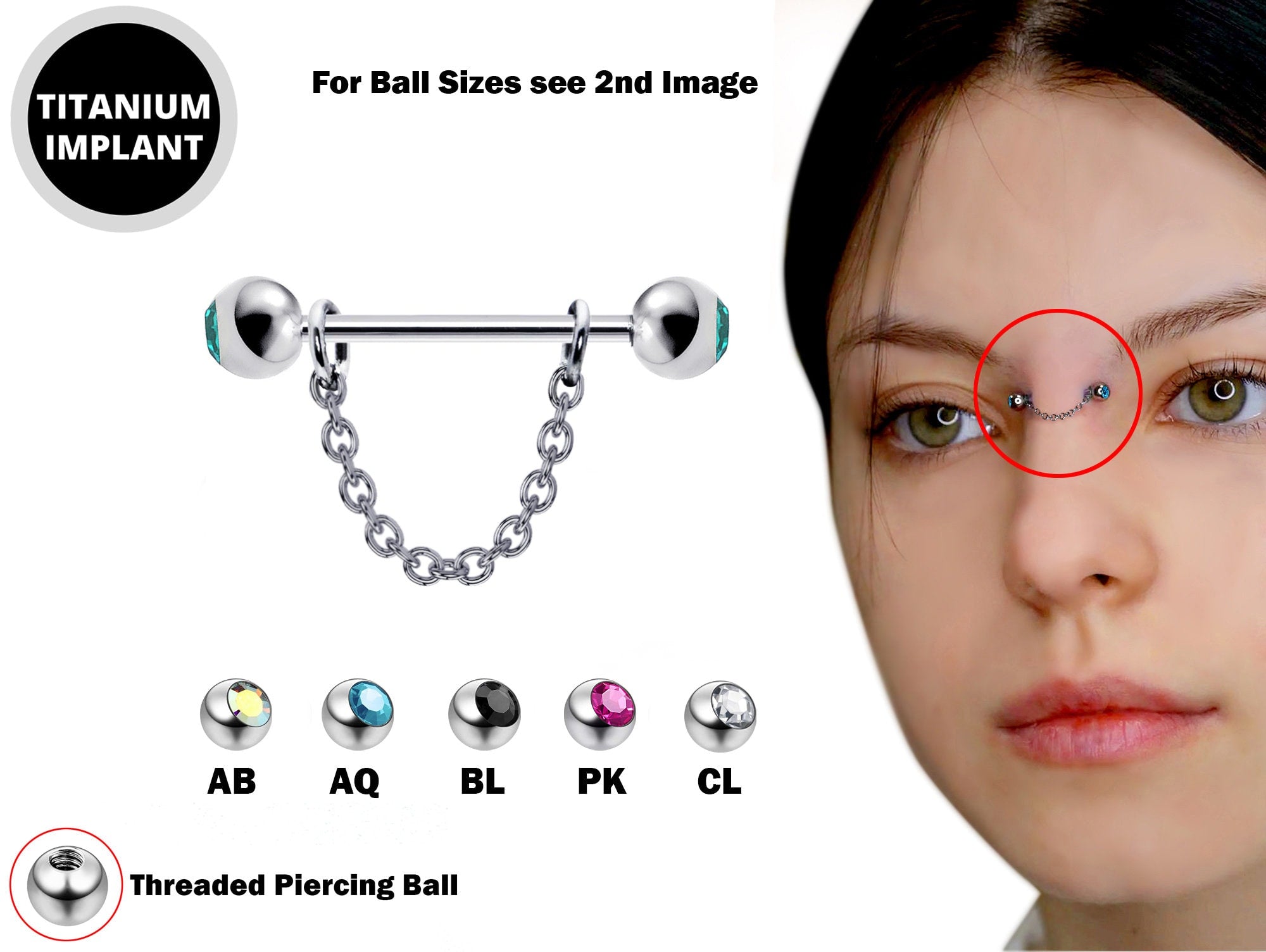 Bridge Chain Piercing Nose Jewelry with Gem Crystal, Titanium Barbell Studs 16g 14g Body Piercing Jewellery - Externally Threaded