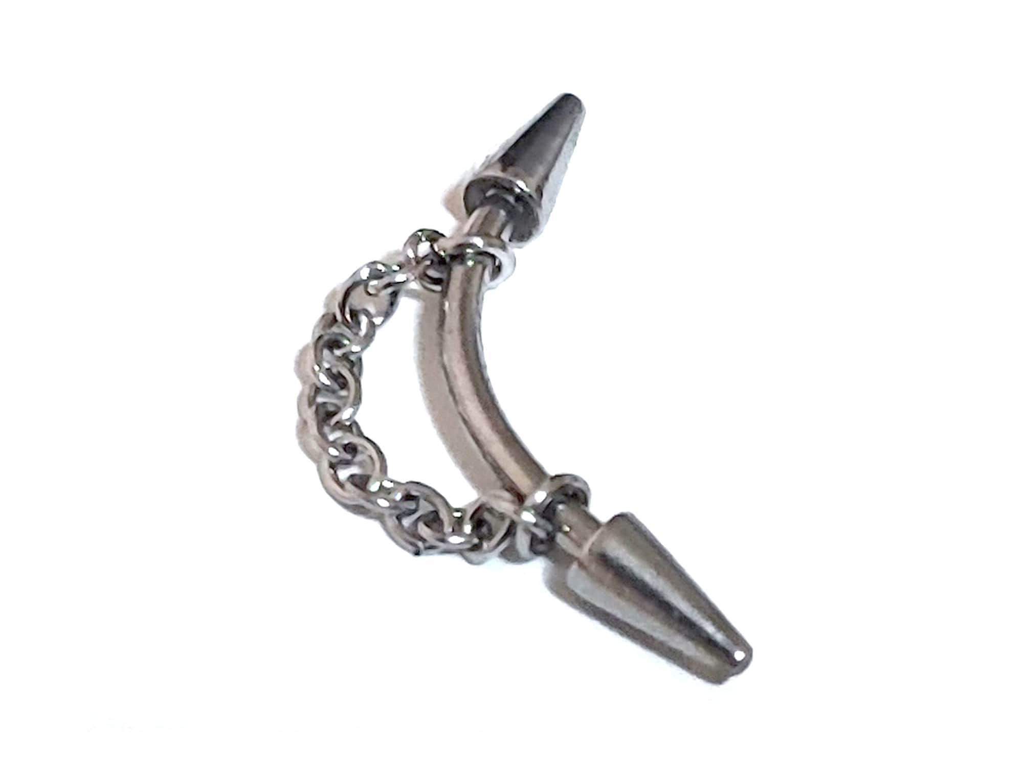 Nose Bridge Curved Barbell Piercing Cone/Spike Bent Bar with Chain Nose Jewelry - Titanium 18G 16G 14G Piercing Also for Lips, Belly, Rook