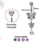 Silver Belly Button Piercing, Belly Bars - Butterfly and tear drop dangle Belly Ring with CZ Crystals Navel Ring 14g (1.6mm) Length is 10mm