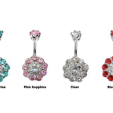 Silver Belly Bars, Belly Piercing - Flower Belly Button Ring with High Quality CZ Crystals - Navel Jewelry - 14g (1.6mm) Length is 10mm