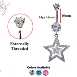 Silver Belly Bars, Belly Piercing - Double Star Belly Button Ring with High Quality CZ Crystals - Navel Jewelry - 14g (1.6mm) Length is 10mm