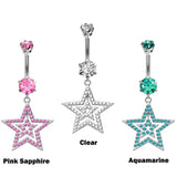 Silver Belly Bars, Belly Piercing - Double Star Belly Button Ring with High Quality CZ Crystals - Navel Jewelry - 14g (1.6mm) Length is 10mm