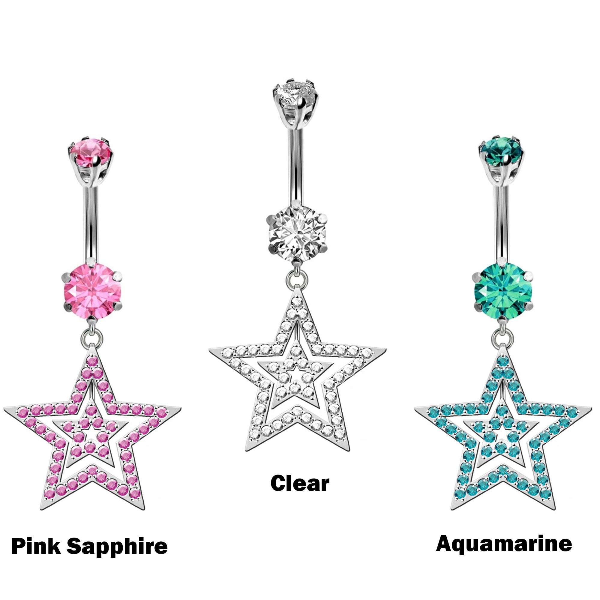 Silver Belly Bars, Belly Piercing - Double Star Belly Button Ring with High Quality CZ Crystals - Navel Jewelry - 14g (1.6mm) Length is 10mm