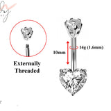 Designer Belly Bars - Silver - Solitaire Cute Heart Belly Ring made of CZ Crystals - Navel Ring - 14g (1.6mm) Length is 10mm