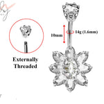 Flower Belly Bar, Belly Rings Navel Piercing - Designer Belly Bars - Silver - Belly Button Ring - 14g (1.6mm) Length is 10mm