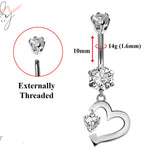 Belly Button Piercing Ring - Silver - Cute Heart Dangle Design Belly Ring with CZ Crystals - Belly Bar - 14g (1.6mm) Length is 10mm