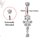 Designer Belly Bars - Silver - Butterfly drop Design Belly Rings with CZ Crystals - Belly Button Ring - 14g (1.6mm) Length is 10mm