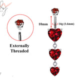 Designer Belly Bars - Silver - Triple drop dangle Heart Design Belly Ring with CZ Crystals - Belly Button Ring - 14g (1.6mm) Length is 10mm