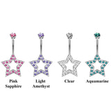 Designer Belly Rings- Silver - Super Star Design Belly Bars with CZ Crystals - Navel Ring - 14g (1.6mm) Length is 10mm