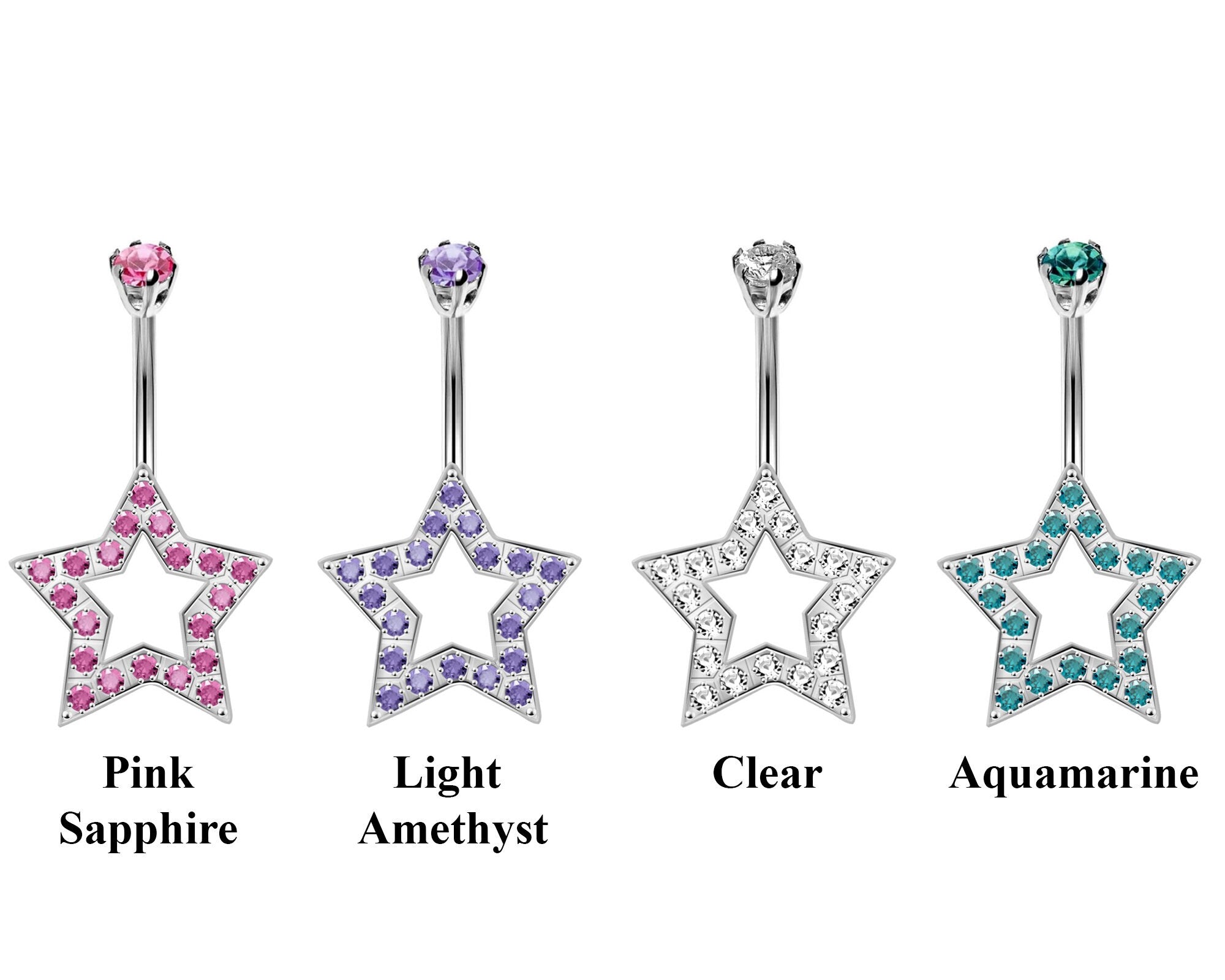 Designer Belly Rings- Silver - Super Star Design Belly Bars with CZ Crystals - Navel Ring - 14g (1.6mm) Length is 10mm