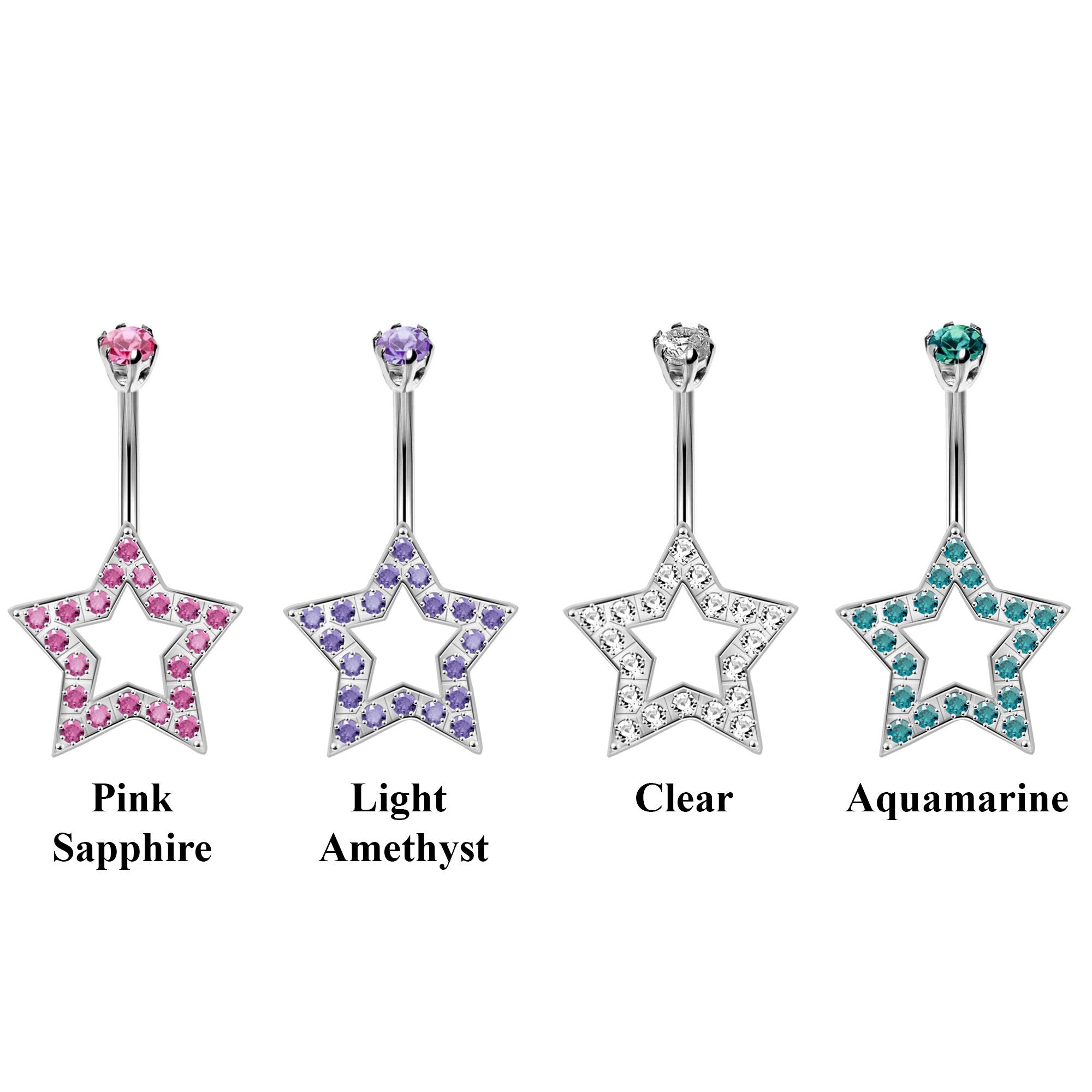 Designer Belly Rings- Silver - Super Star Design Belly Bars with CZ Crystals - Navel Ring - 14g (1.6mm) Length is 10mm