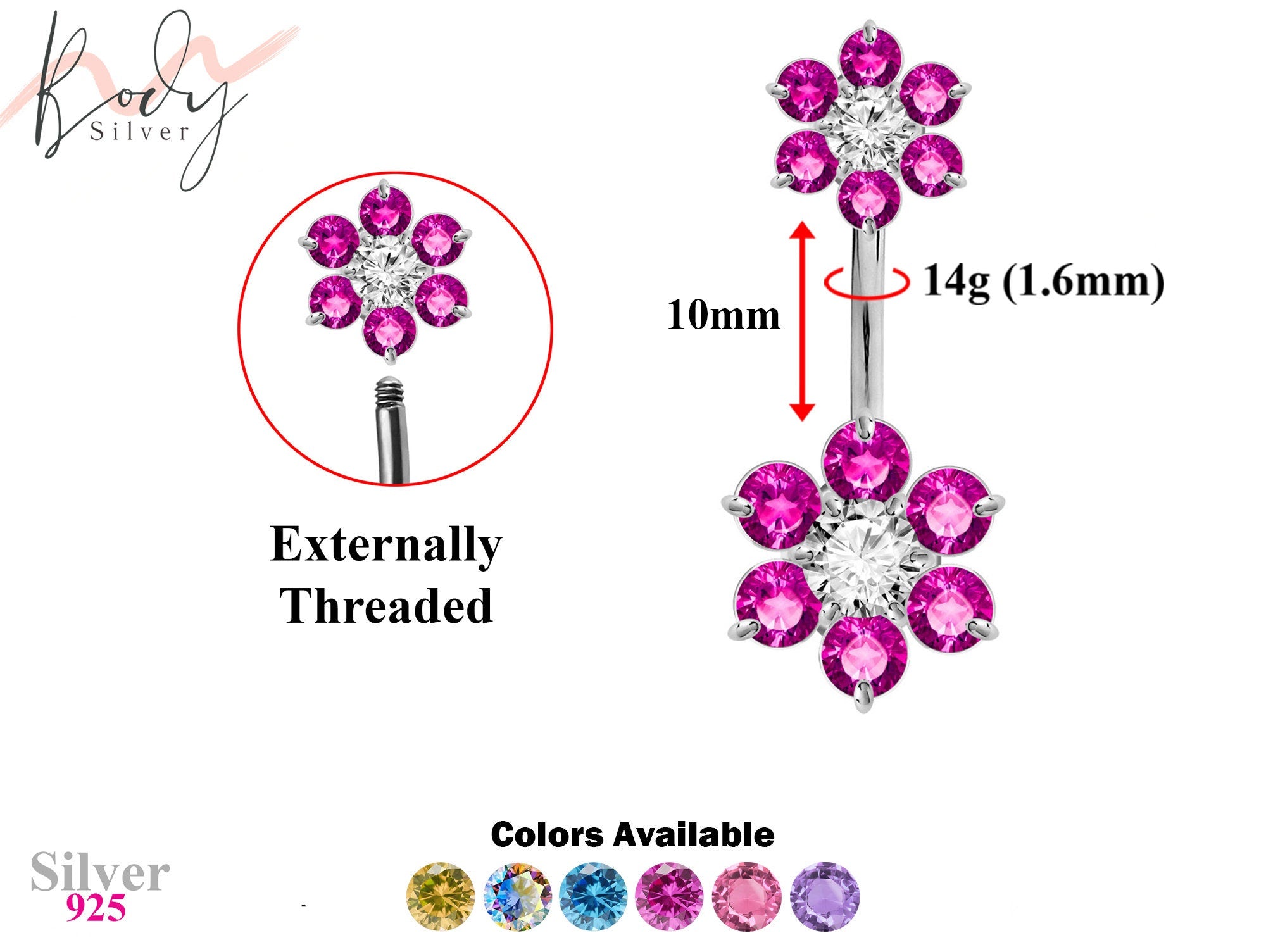 Belly Button Piercing Ring, Belly Bar - Silver Double Flower Belly Piercing with CZ Crystals - Navel Ring - 14g (1.6mm) Length is 10mm