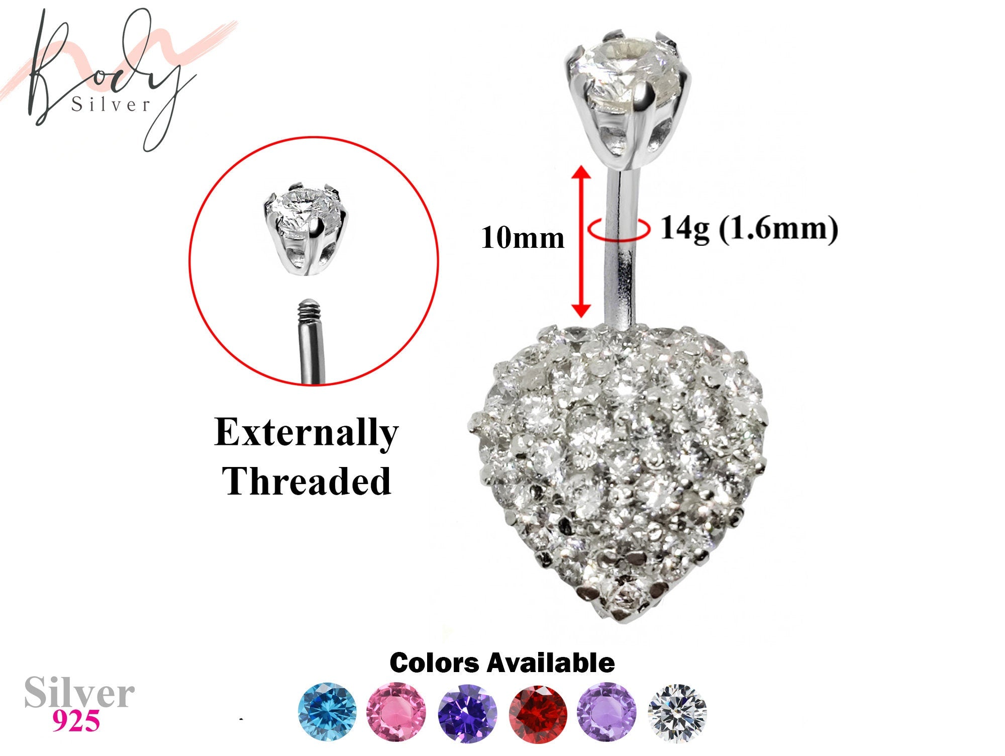 Designer Belly Ring - Silver Heart Belly Bars with studded CZ Crystals - Belly Button Ring - 14g (1.6mm) Length is 10mm