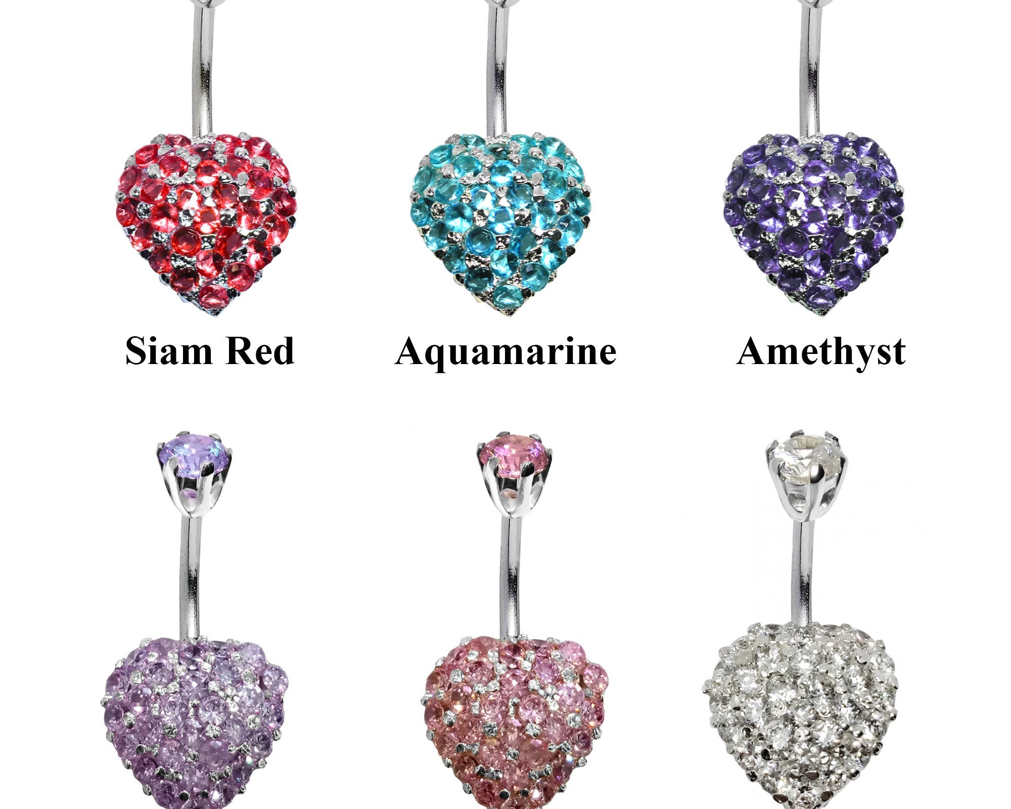 Designer Belly Ring - Silver Heart Belly Bars with studded CZ Crystals - Belly Button Ring - 14g (1.6mm) Length is 10mm